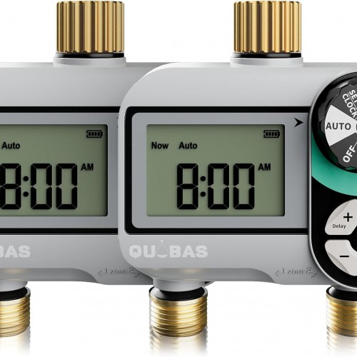 [2 Pack] QUOBAS 2 Zone Water Timer for Garden Hose, Automatic Sprinkler Timer with Dual Outlets, Heavy Duty Brass Fittings, Leak-Free, Programmable, for Lawn Watering and Drip Irrigation System