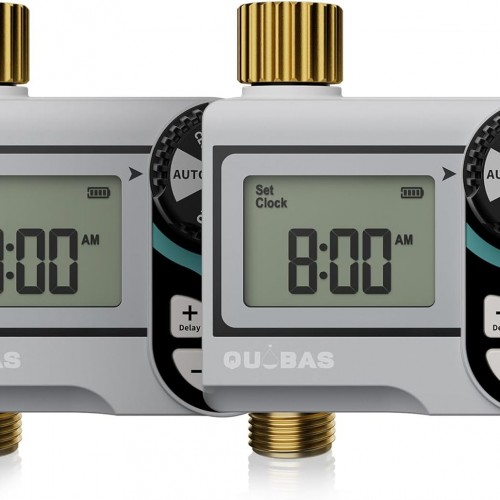 [2 Pack] QUOBAS Low Pressure Water Timer for Garden Hose, Automatic Sprinkler Timer with Brass Inlet & Outlet, Rain Delay/Manual Watering/Automatic Watering System for Yard, Lawn, and Rain Barrel