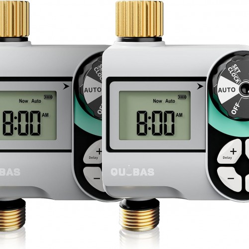 [2 Pack] QUOBAS Digital Water Timer, Programmable Sprinkler Controller, Large LCD Display, Auto/Manual/Delay Modes, for Garden Hose Watering and Drip Irrigation System