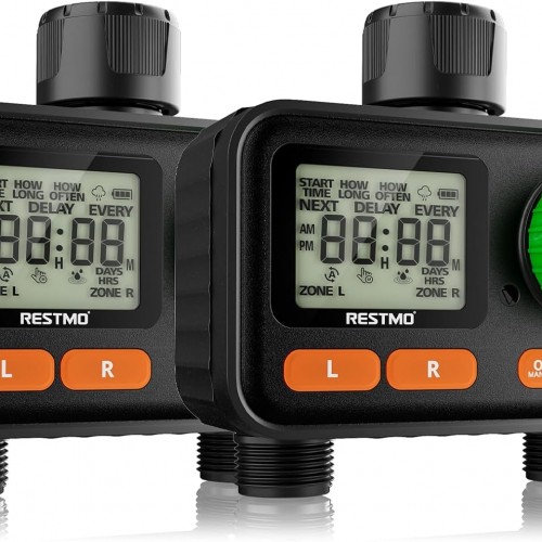 [2 Pack] RESTMO 2 Zone Sprinkler Timer, Programmable Water Timer for Garden Hose, Automatic Digital Control | Manual ON/Off | Rain Delay for Outdoor Faucet, Drip Irrigation and Lawn Watering System
